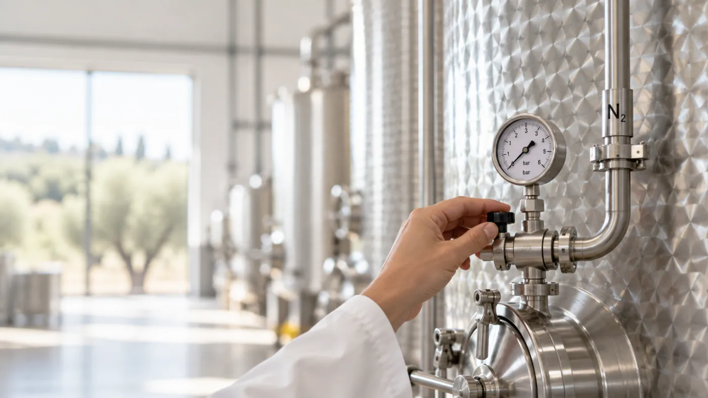 Χέρι ρυθμίζει βαλβίδα με μανόμετρο σε δεξαμενή ανοξείδωτου ατσαλιού, για τη διατήρηση του λαδιού υπό άζωτο.