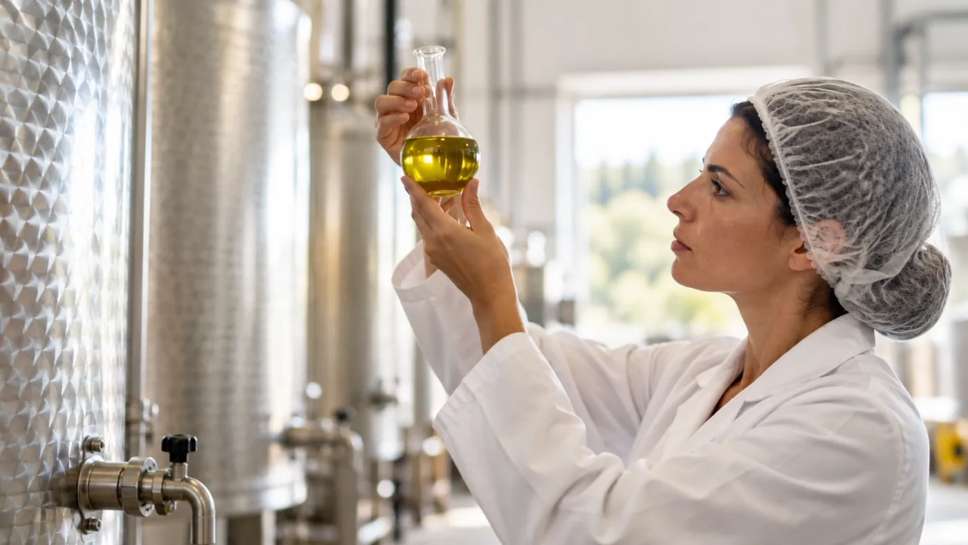 Τεχνικός της AgroPoly εξετάζει δείγμα ελαιολάδου σε γυάλινη φιάλη, μπροστά από τις δεξαμενές του ελαιοτριβείου.