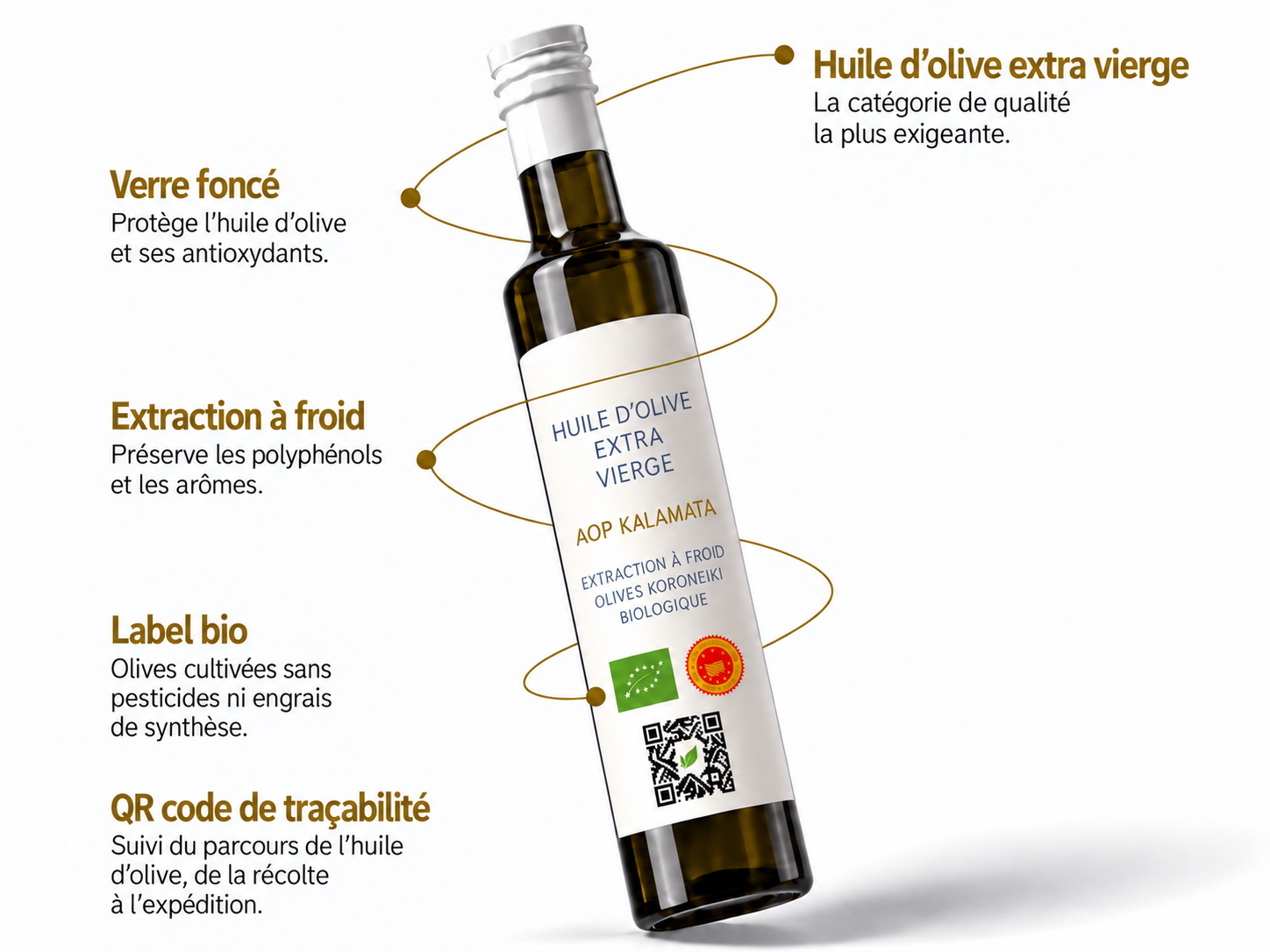Bouteille d'huile d'olive entourée par une élipse expliquant comment mieux décoder les étiquettes sur les bouteilles d'huile.