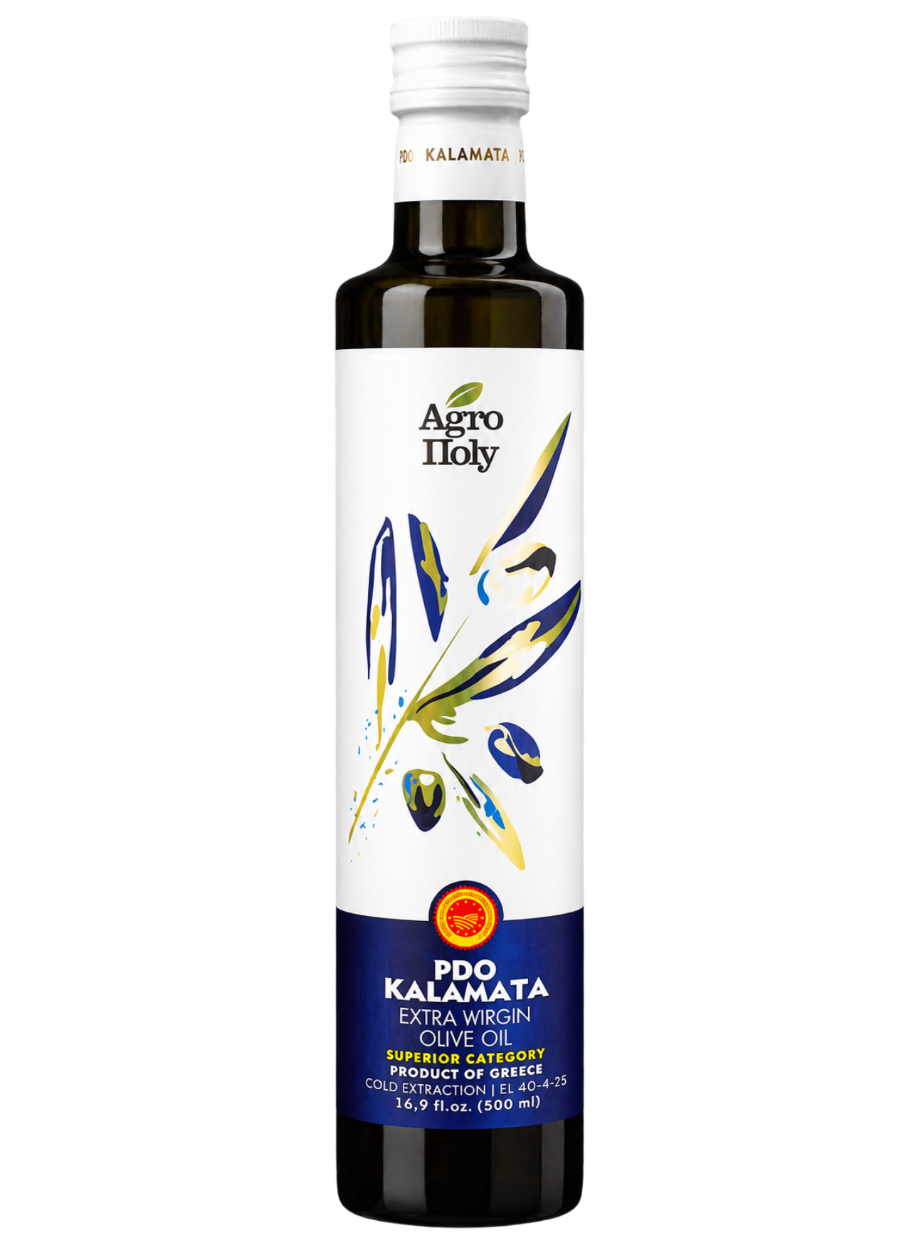 Εικόνα μιας φιάλης ελαιολάδου Agropoly Καλαμάτας ΠΟΠ.